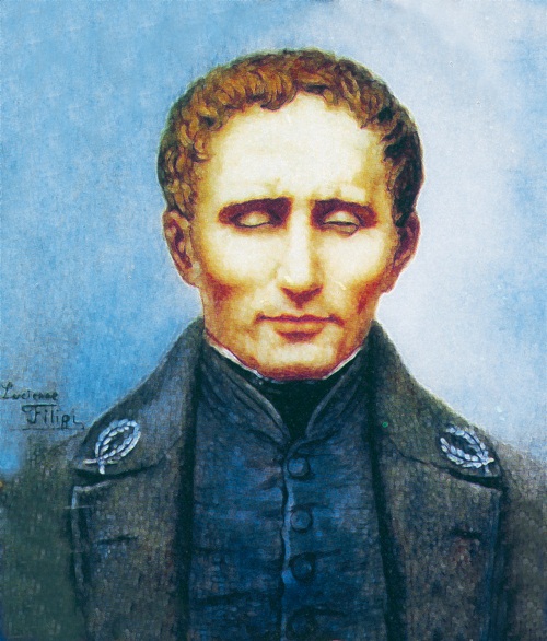 Image of Louis Braille wearing a black coat in front of a blue background