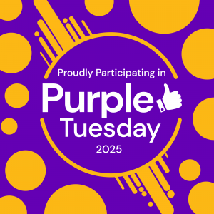 Image of a purple graphic with orange circles and text which reads "Proudly participating in Purple Tuesday 2025"