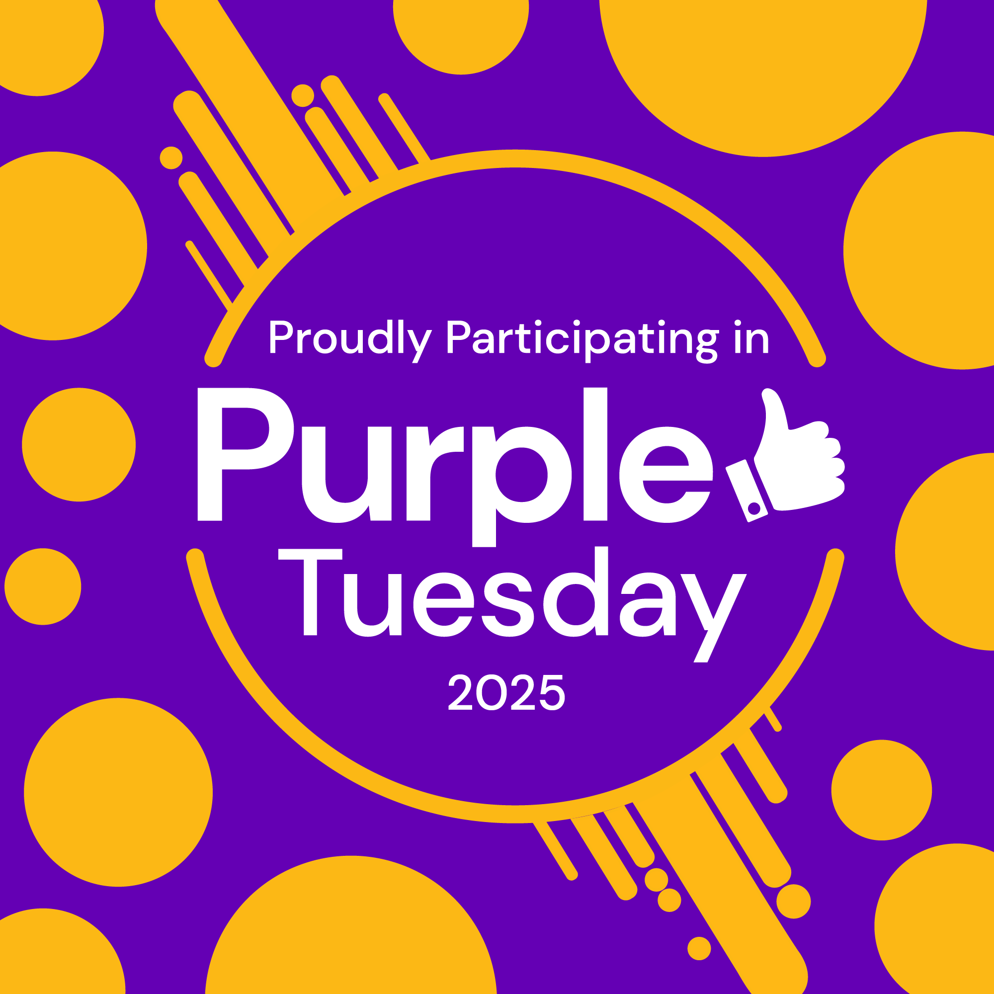 Image of a purple graphic with orange circles and text which reads 